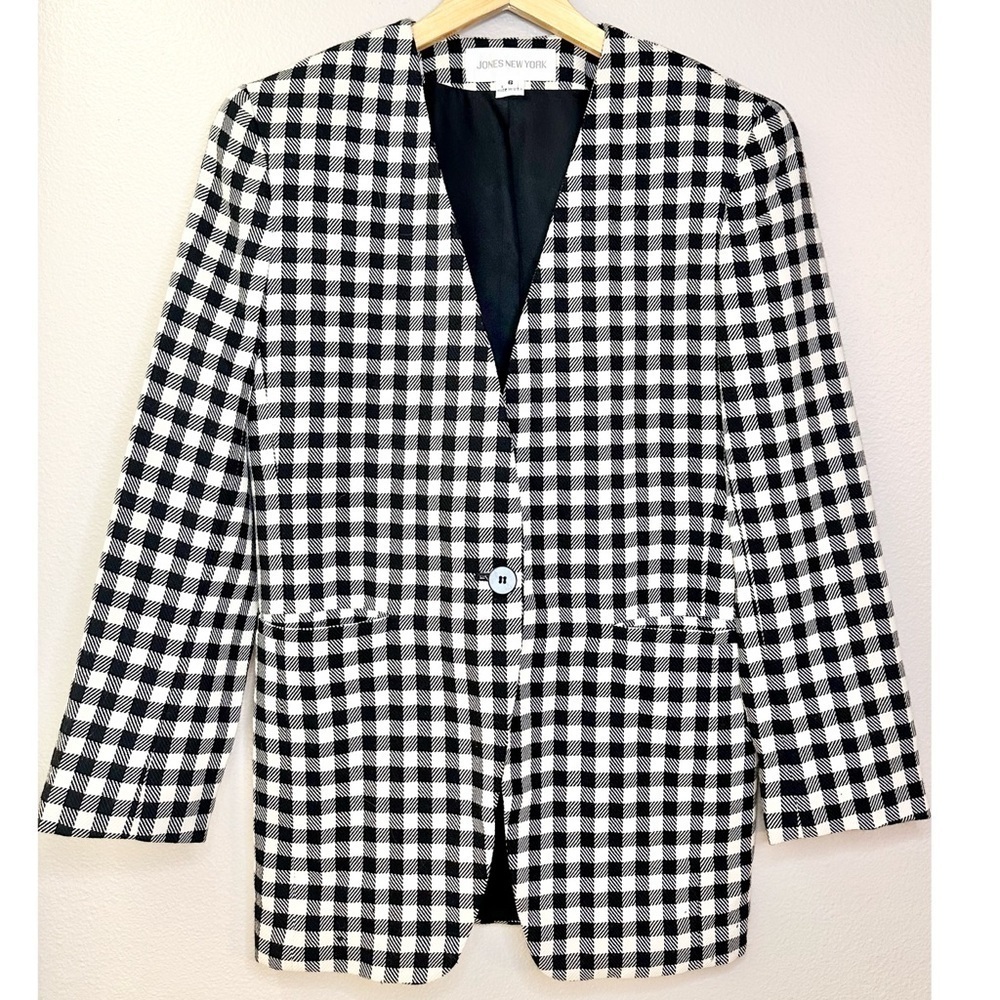 Jones New York Vintage Checkered Long Length One Button Blazer 100% Pure Wool